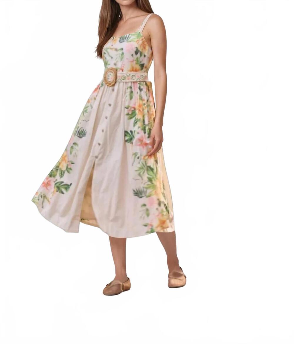 NEW MOON RIVER floral print belt detail sleeveless midi dress in cream